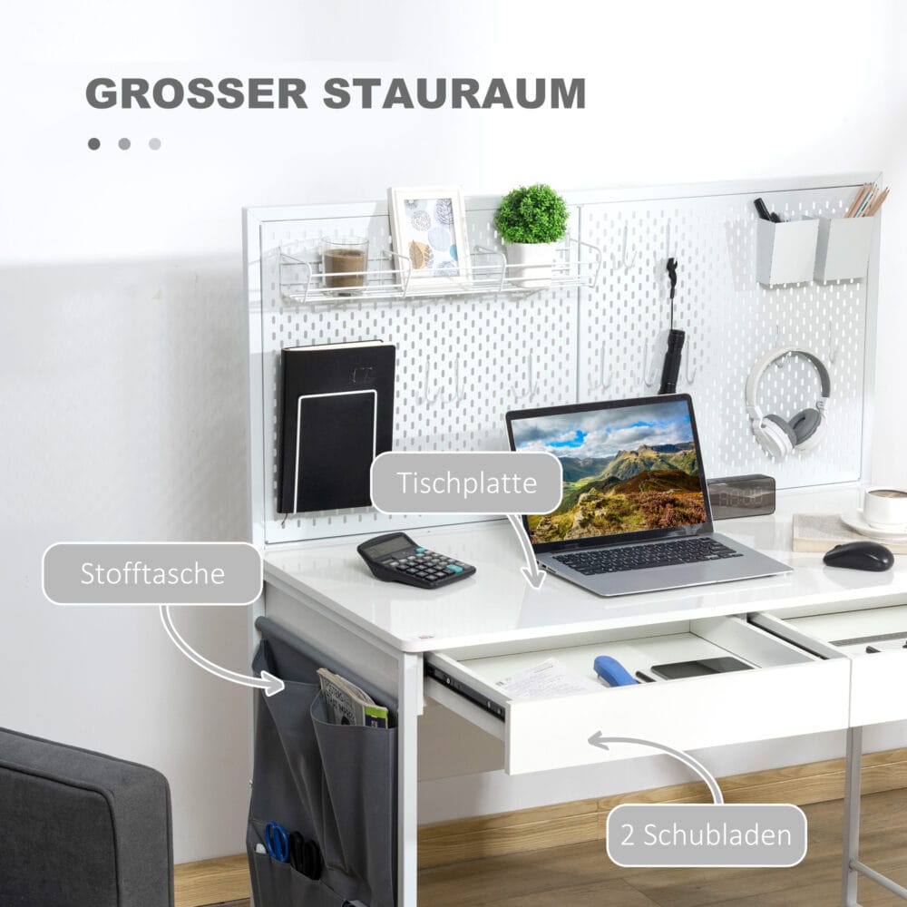 Schreibtisch mit 2 Schubladen Notizgitter Stofftasche mit Gitterwand