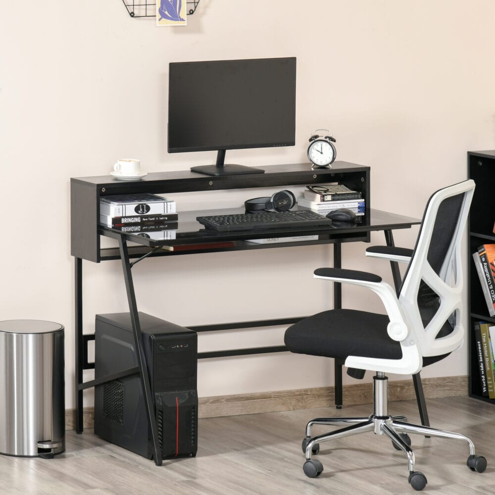 Schreibtisch mit Glasplatte und Ablagen modern 115x55x90cm