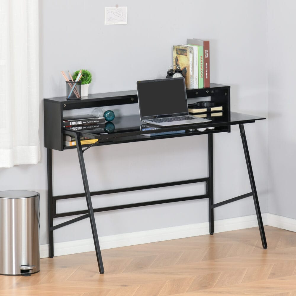 Schreibtisch mit Glasplatte und Ablagen modern 115x55x90cm