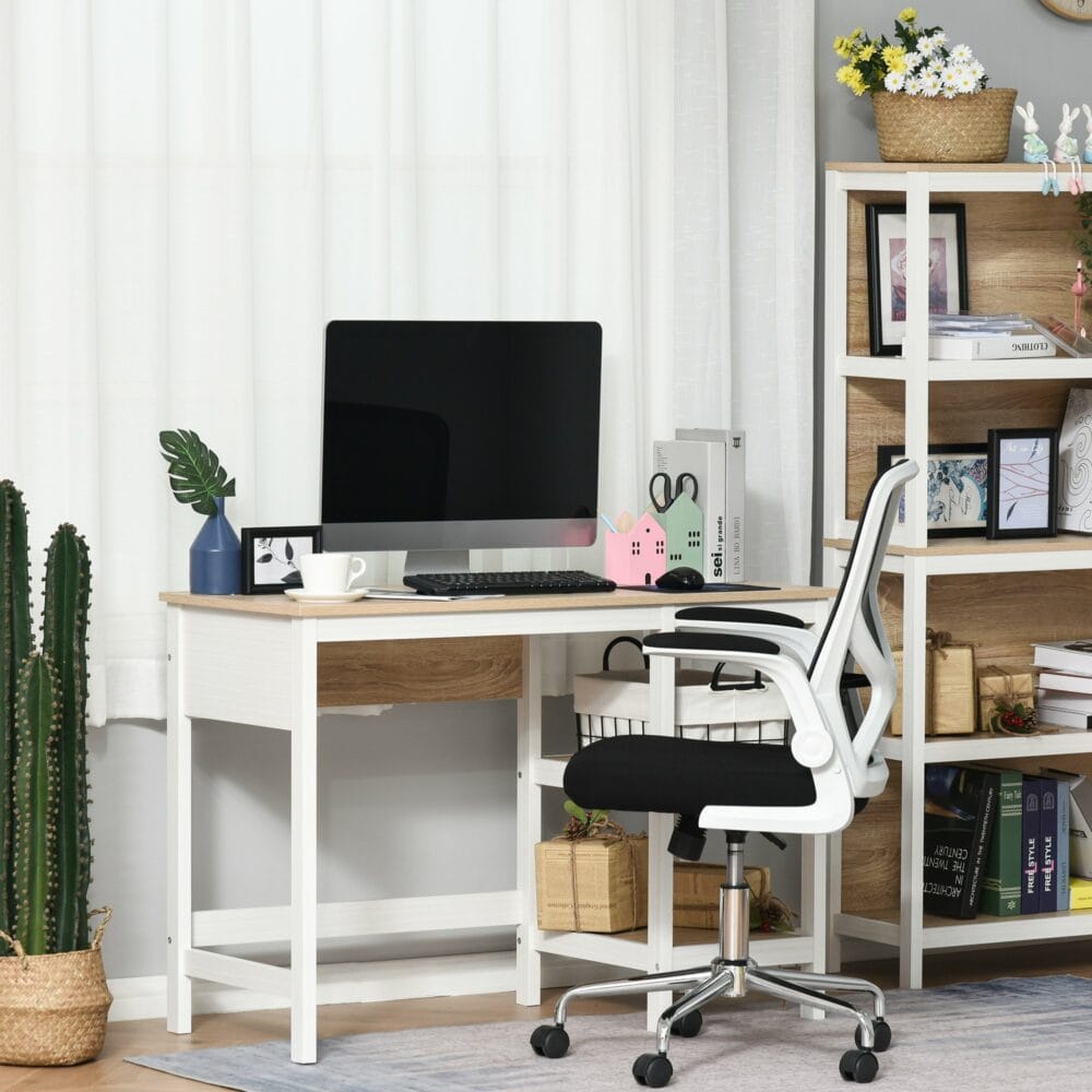 Schreibtisch mit Regal Bürotisch Natur+Weiss 110x48x76.2cm