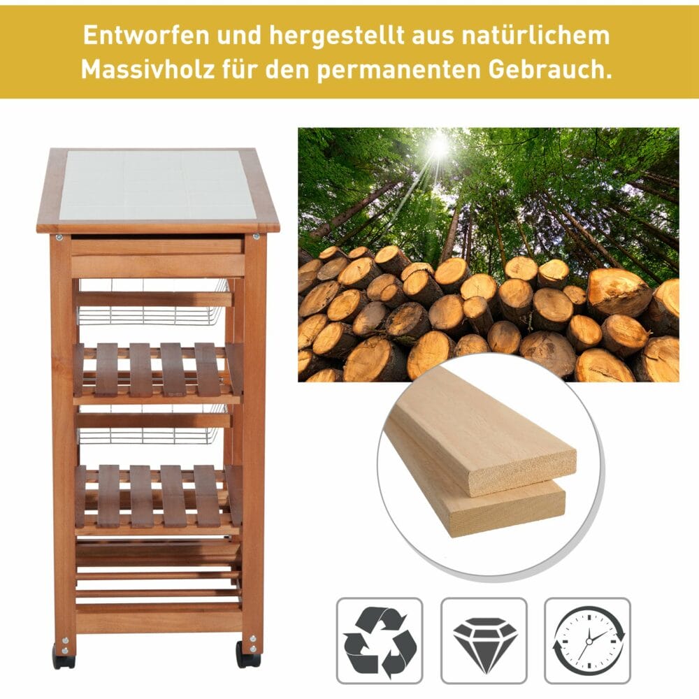 Servierwagen Küchenwagen mit Flaschenhalter und Schublade braun