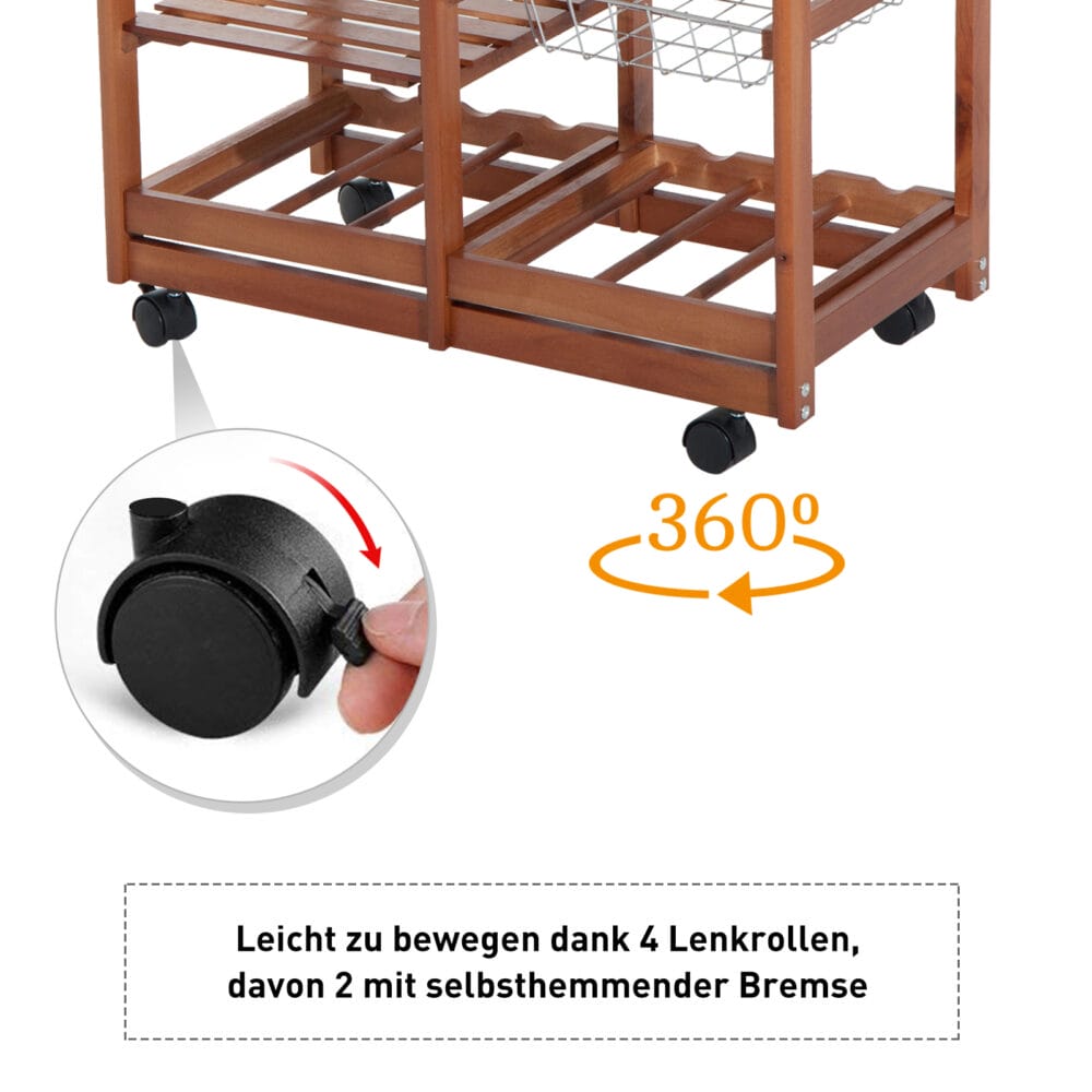 Servierwagen Küchenwagen mit Flaschenhalter und Schublade braun