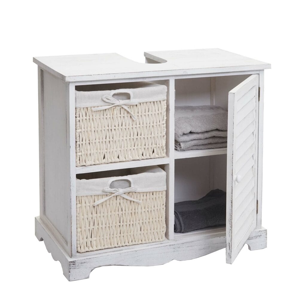 Shabby Chic Waschbeckenunterschrank mit Körben 60x65x31cm - shabby weiss