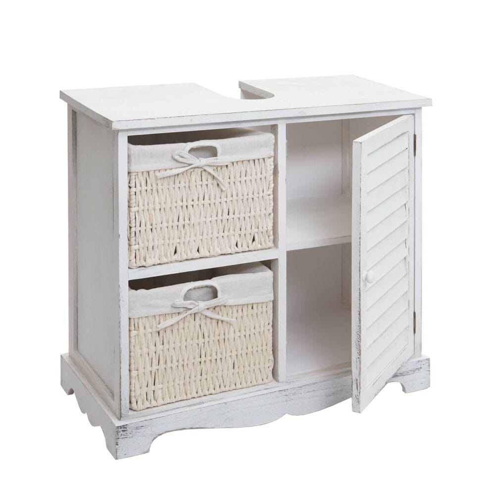 Shabby Chic Waschbeckenunterschrank mit Körben 60x65x31cm - shabby weiss