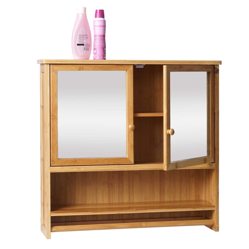 Spiegelschrank Hängeschrank 3 Regalböden 2 Türen Bambus 62x66x15cm