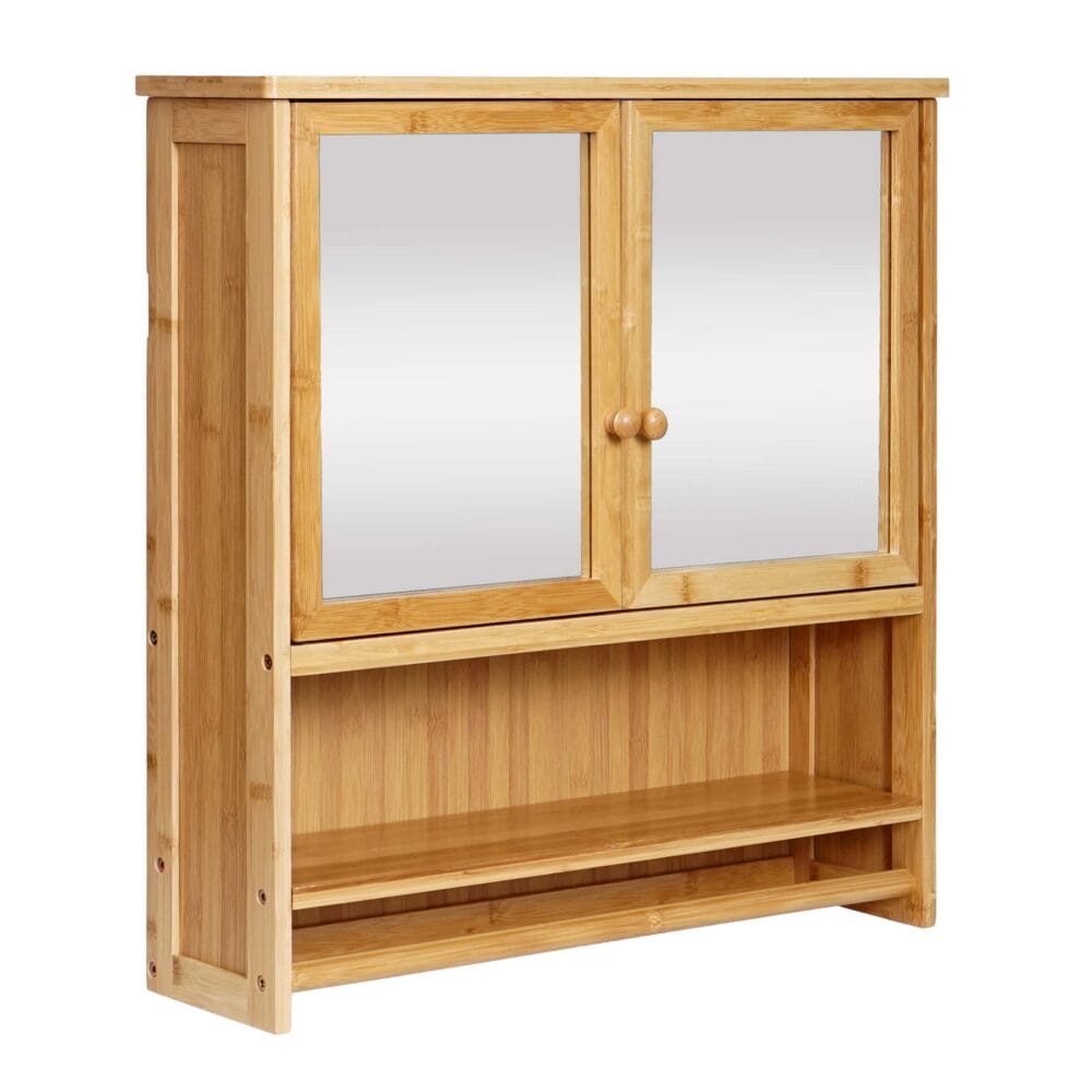 Spiegelschrank Hängeschrank 3 Regalböden 2 Türen Bambus 62x66x15cm