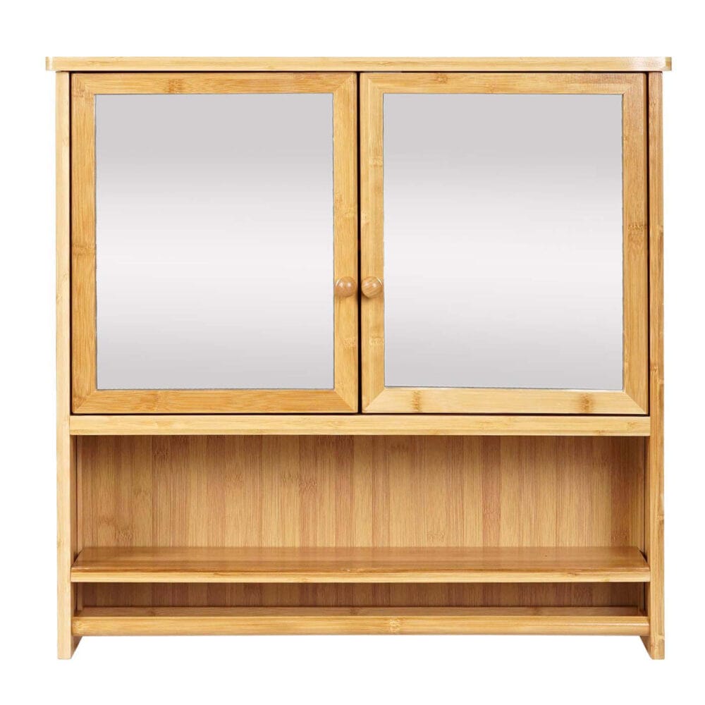 Spiegelschrank Hängeschrank 3 Regalböden 2 Türen Bambus 62x66x15cm