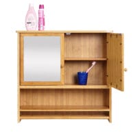 Spiegelschrank Hängeschrank 3 Regalböden 2 Türen Bambus 62x66x15cm