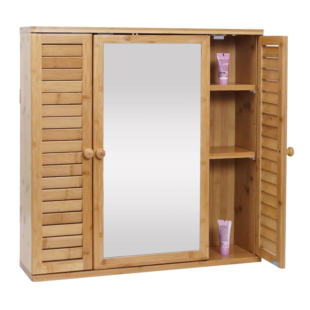 Spiegelschrank Hängeschrank 3 Regalböden 3 Türen Bambus 60x60x15cm