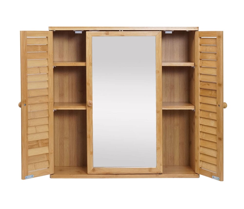 Spiegelschrank Hängeschrank 3 Regalböden 3 Türen Bambus 60x60x15cm