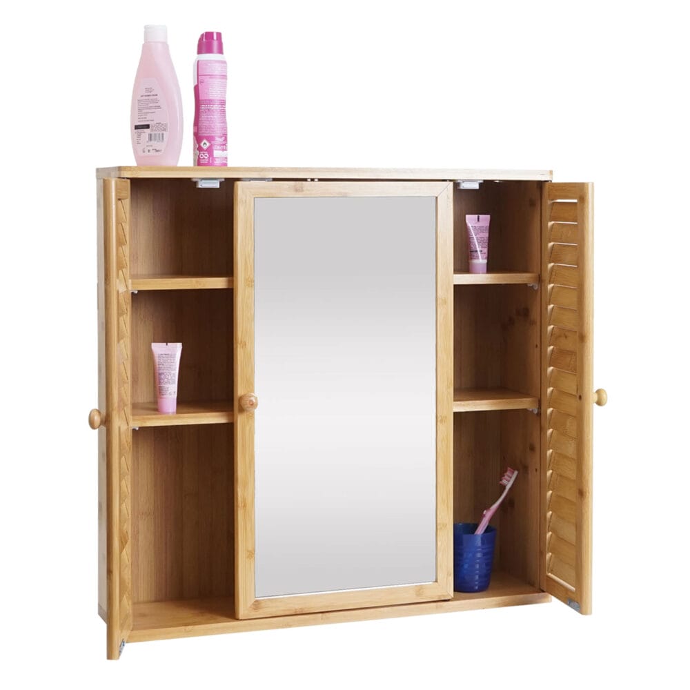 Spiegelschrank Hängeschrank 3 Regalböden 3 Türen Bambus 60x60x15cm