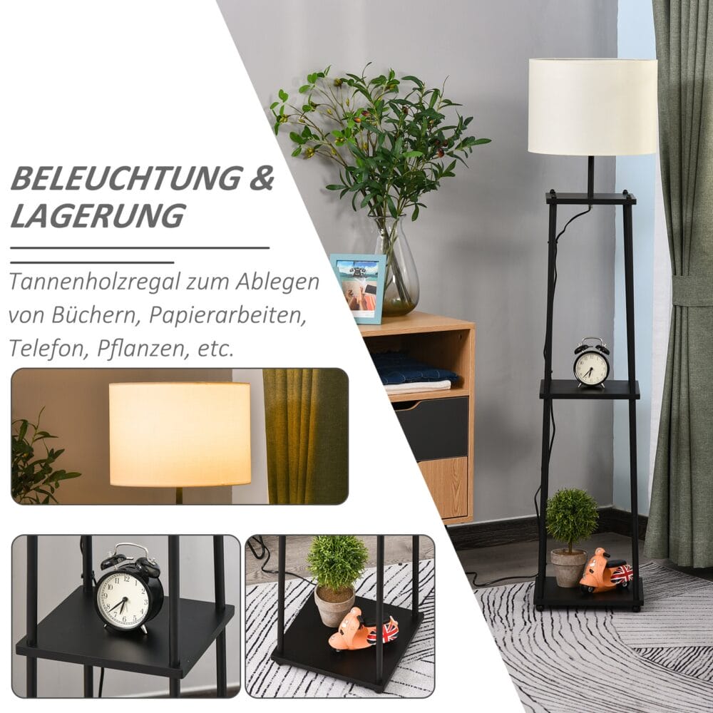 Stehlampe Bücherregal mit 3 Ablagen 150cm E27