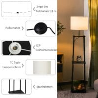 Stehlampe Bücherregal mit 3 Ablagen 150cm E27
