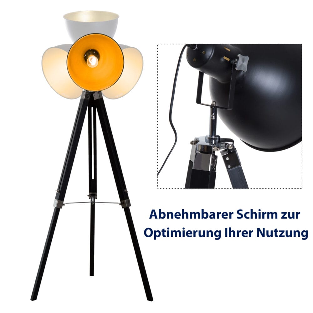 Stehlampe Retro Gold höhenverstellbar 3-Bein E27 Kiefer