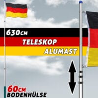 Teleskop Fahnenmast aus Aluminium 630cm inkl. Fahne CH + DE