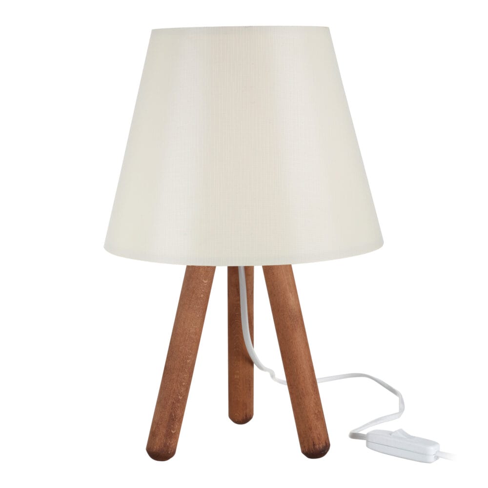 Tischlampe Kidderminster E27 Buchenholz Textil Walnussoptik Creme