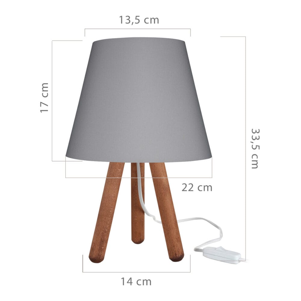 Tischlampe Kidderminster E27 Buchenholz Textil Walnussoptik Grau