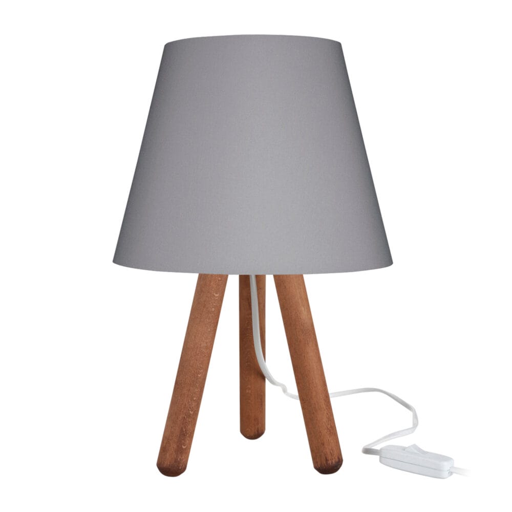 Tischlampe Kidderminster E27 Buchenholz Textil Walnussoptik Grau