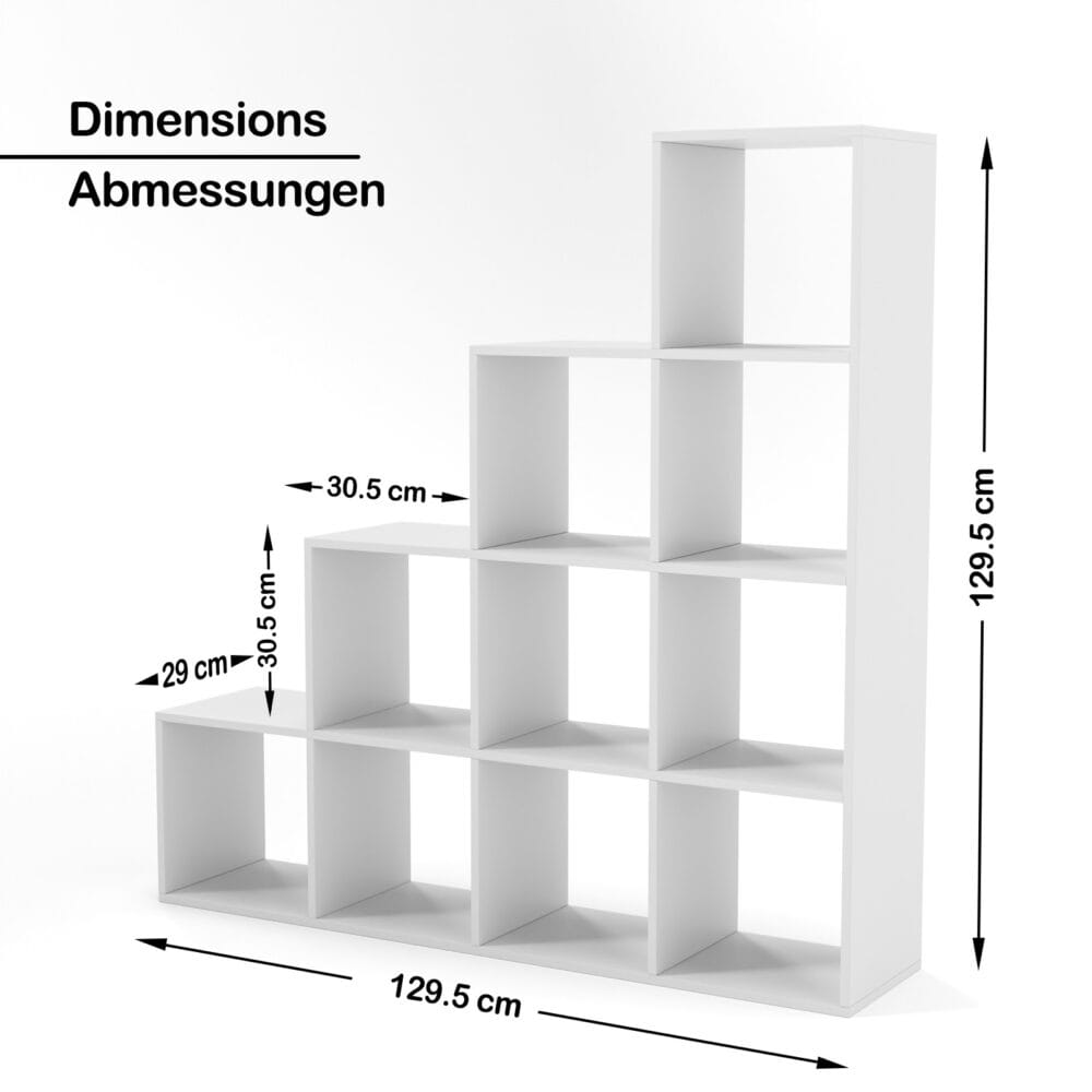 Treppenregal Weiss 10 Fächer 129.5x29x129.5cm MDF Freistehend