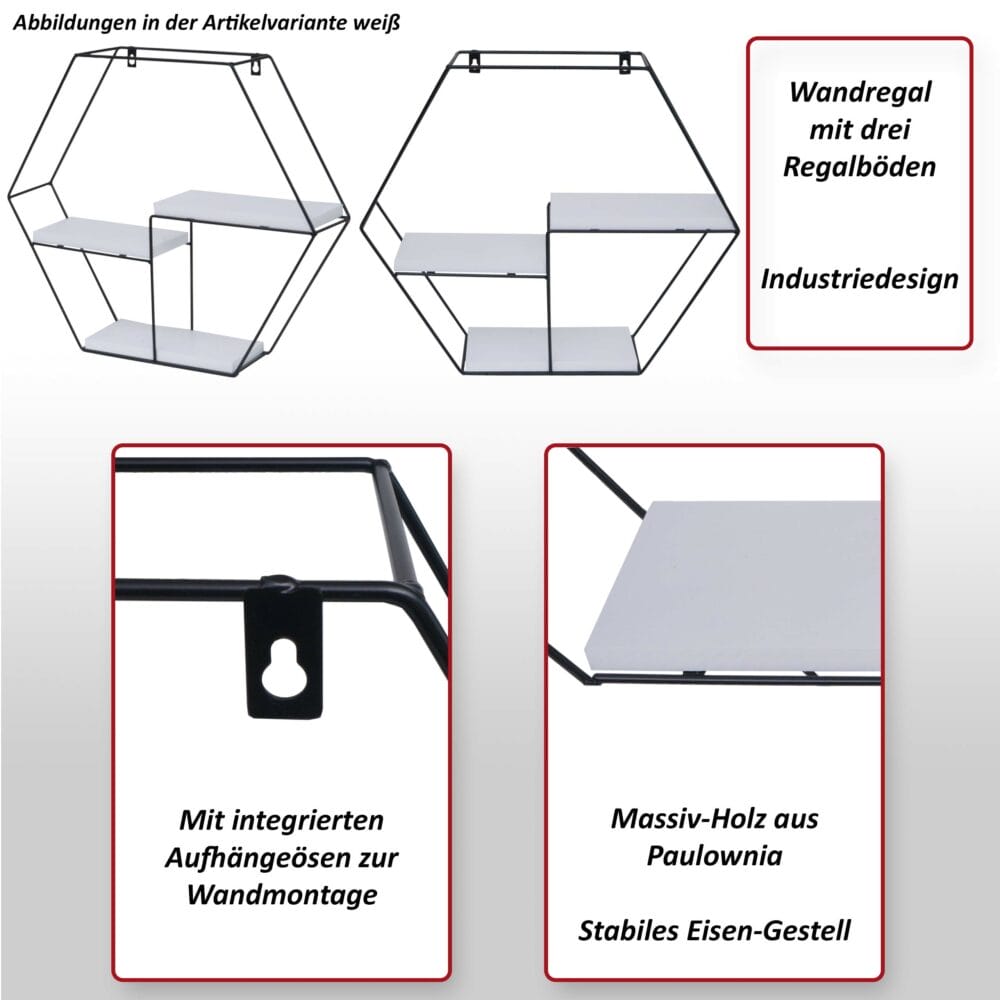 Wandregal HWC-K76 3 Regalböden Industrial 43x49x11cm