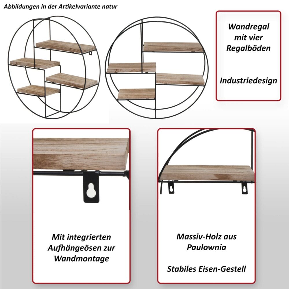 Wandregal HWC-K76 4 Regalböden Industrial 45x45x11cm