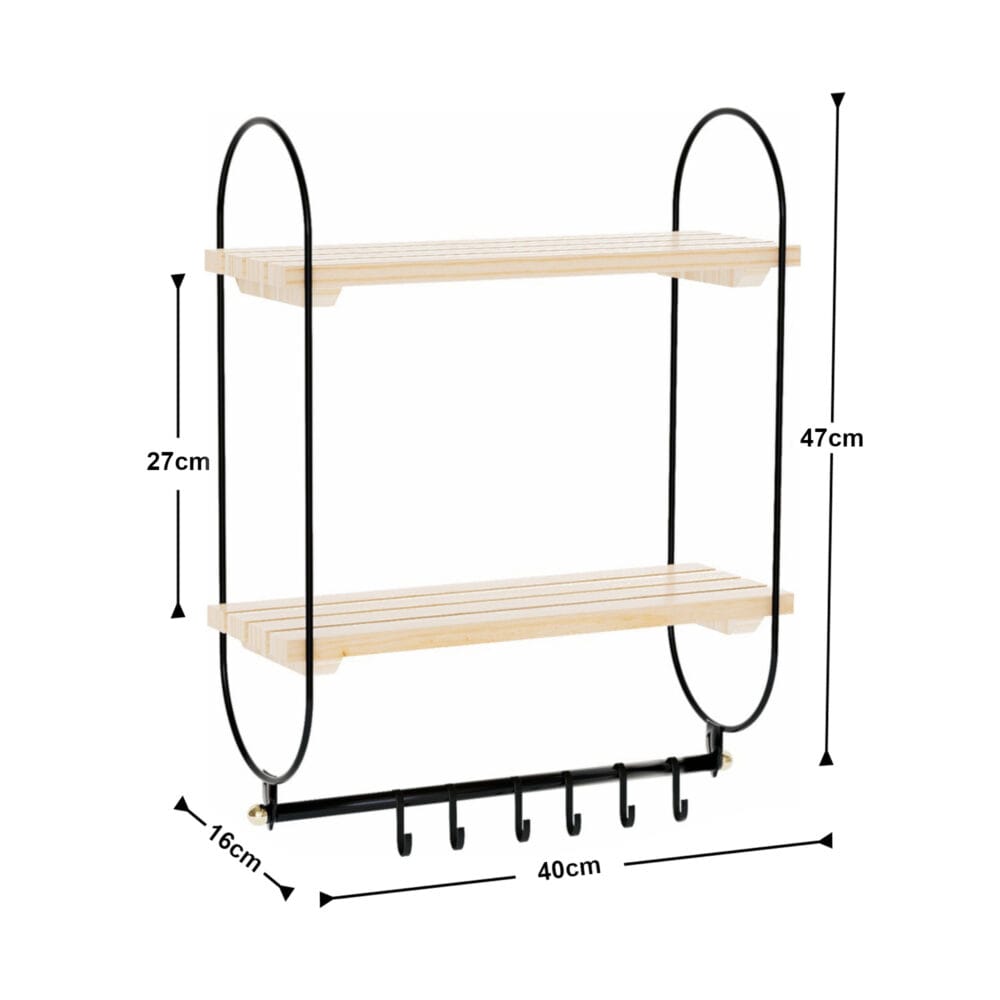 Wandregal St. Louis Schwarz/Natur mit 6 Haken