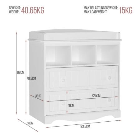 Wickelkommode - 2 Schubladen 3 Fächer Weiss 50x93.5x88cm