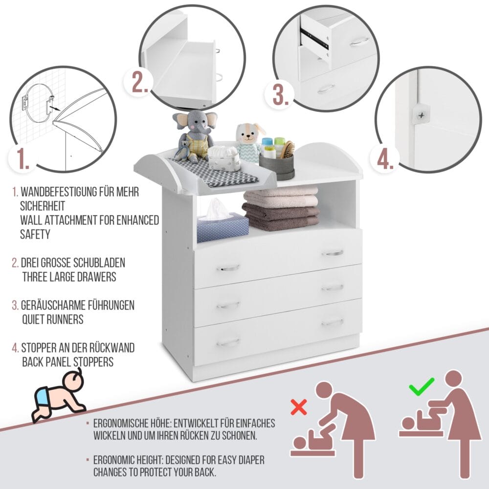 Wickelkommode - 3 Schubladen Weiss 85x71x96cm