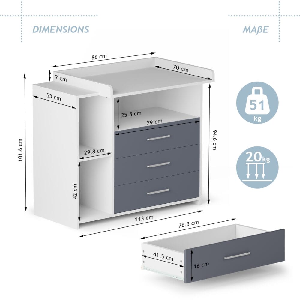 Wickelkommode - Mit Wickelauflage Grau-Weiss 113x53x101.6cm