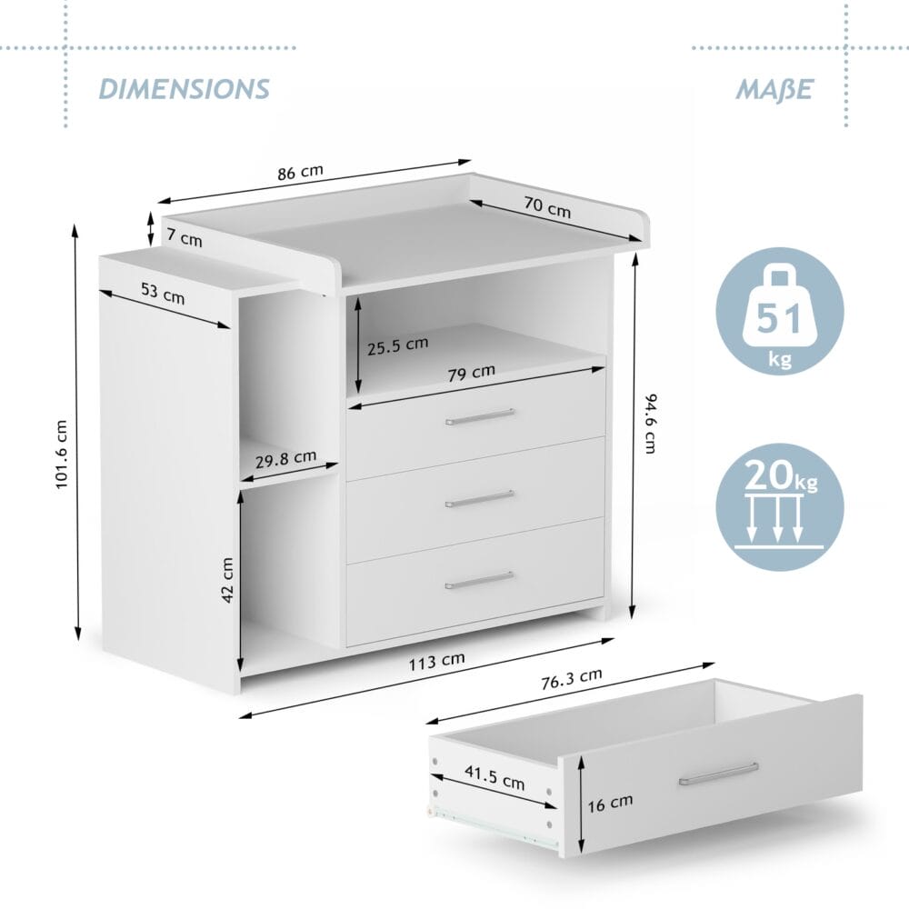 Wickelkommode - Mit Wickelauflage Weiss 113x53x101.6cm