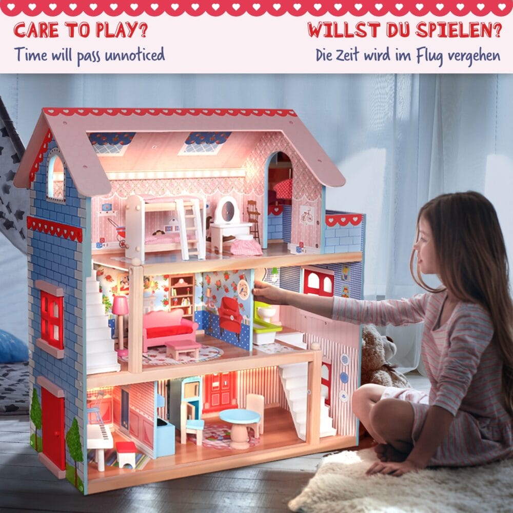 XXL Puppenhaus aus Holz - 3 Spielebenen LED