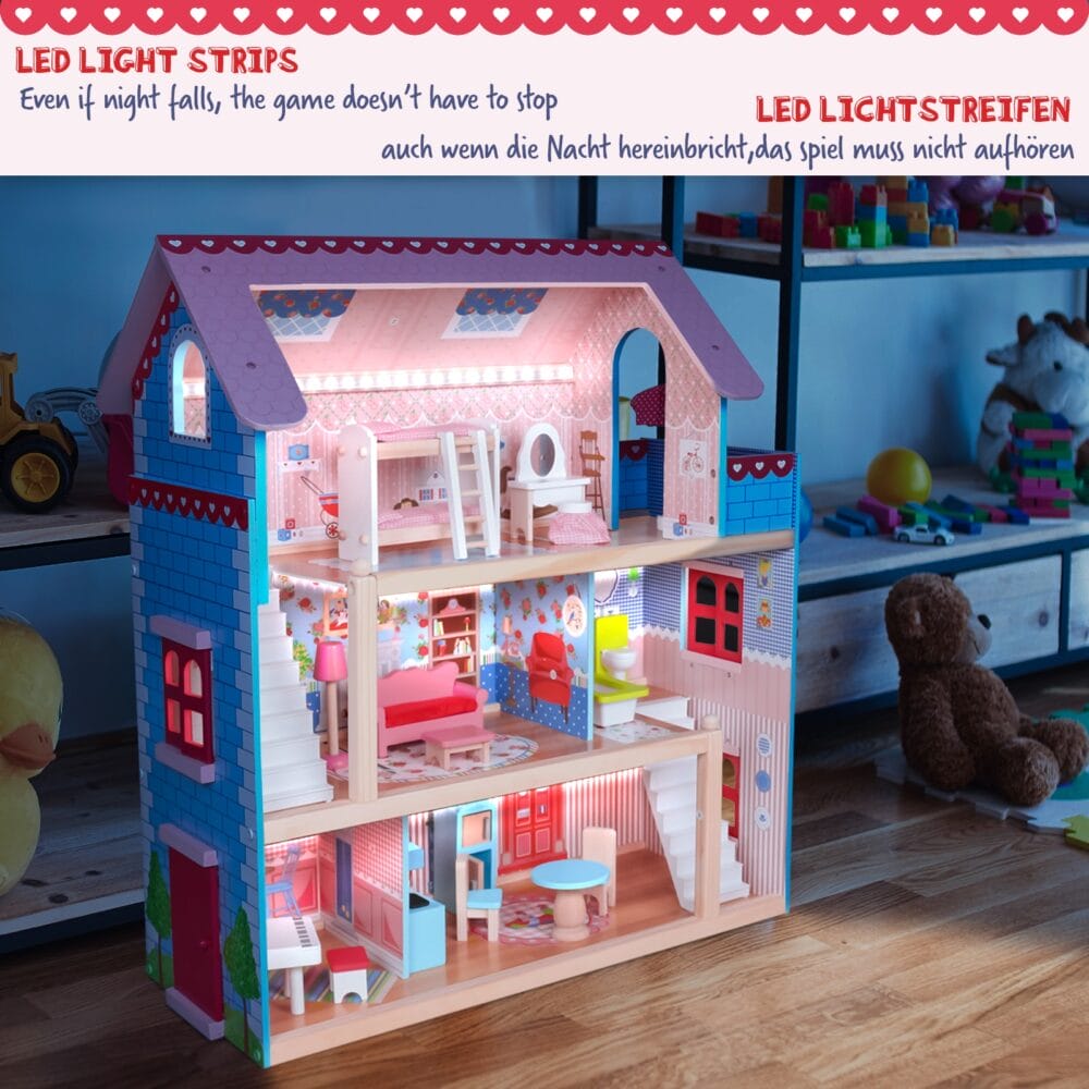 XXL Puppenhaus aus Holz - 3 Spielebenen LED