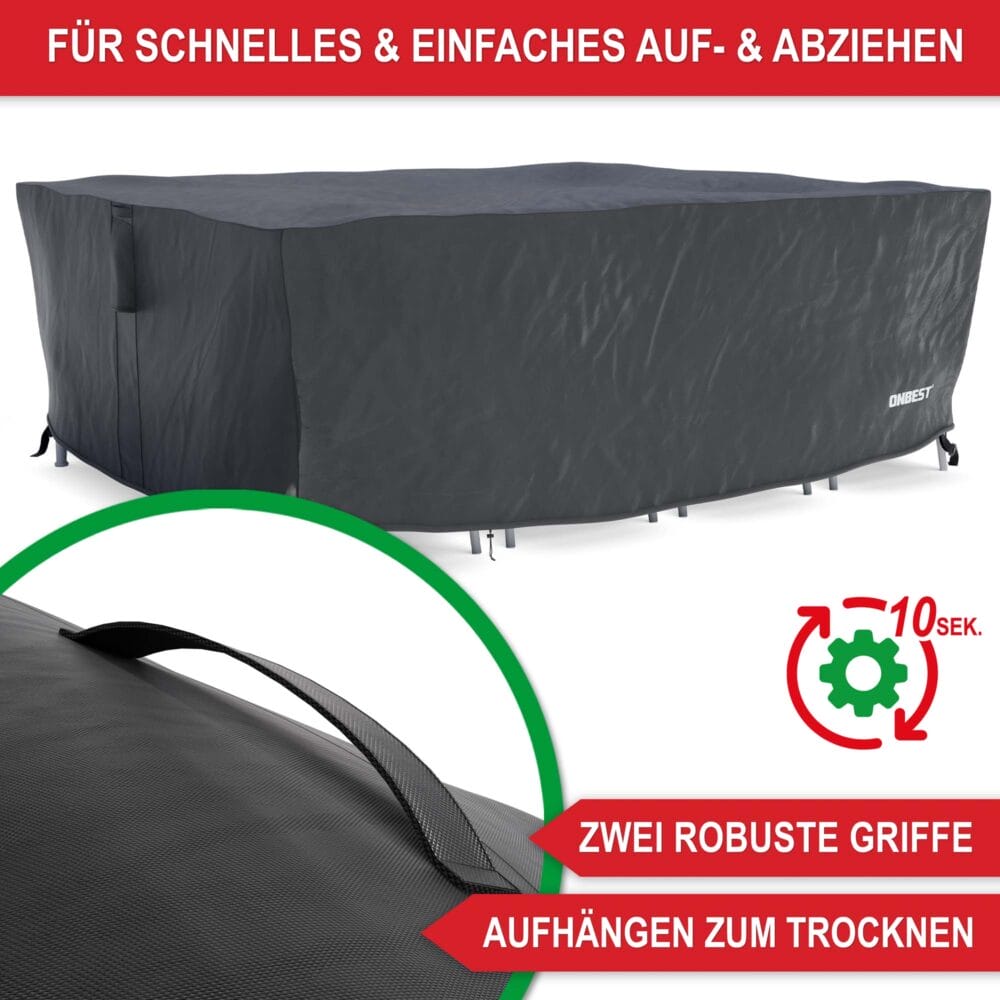 Robuste Schutzhülle für Gartenmöbel, wasser- und schmutzabweisend.