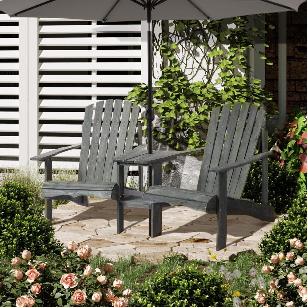Adirondack 2-Sitzer Gartenbank mit integriertem Tisch, Holz Grau.