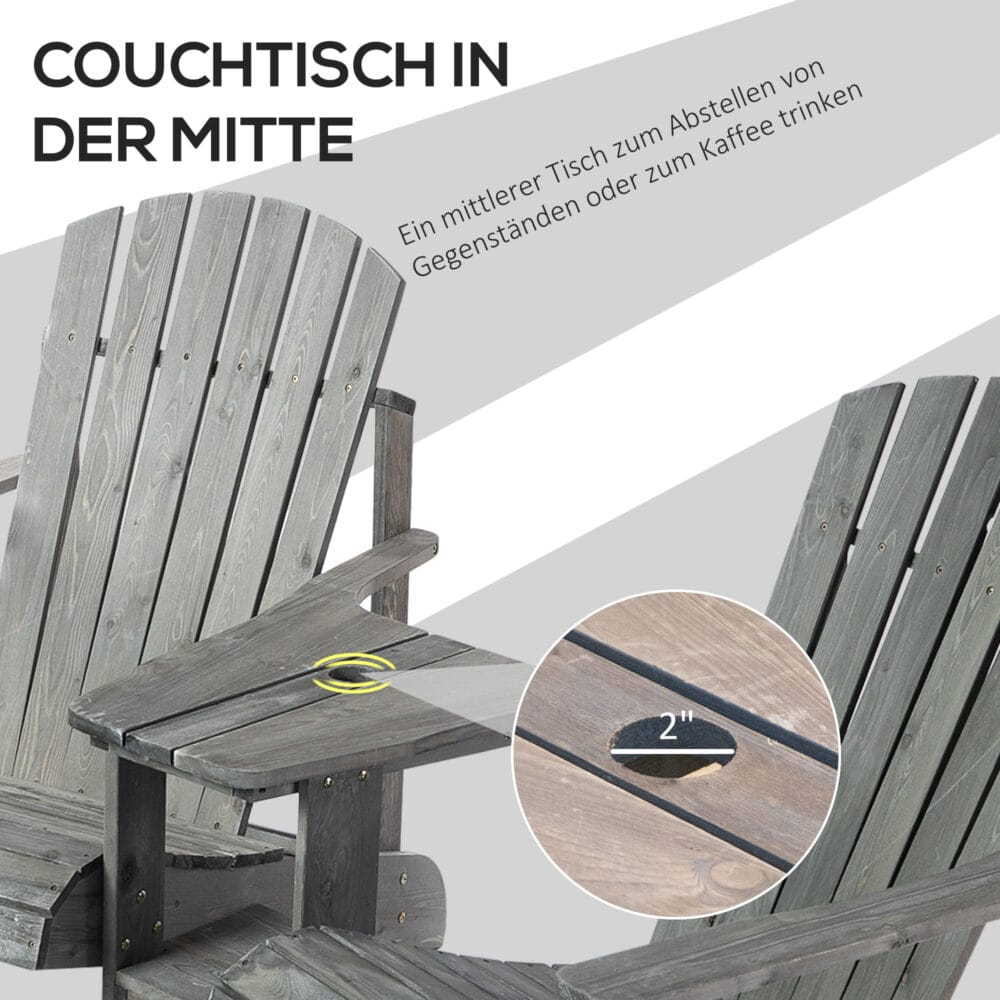 Adirondack 2-Sitzer Gartenbank mit integriertem Tisch, Holz Grau.