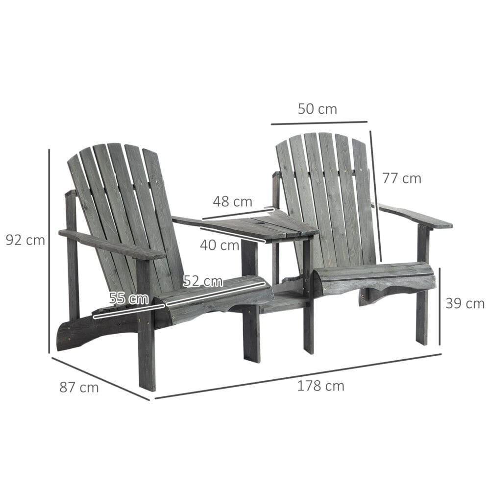 Adirondack 2-Sitzer Gartenbank mit integriertem Tisch, Holz Grau.