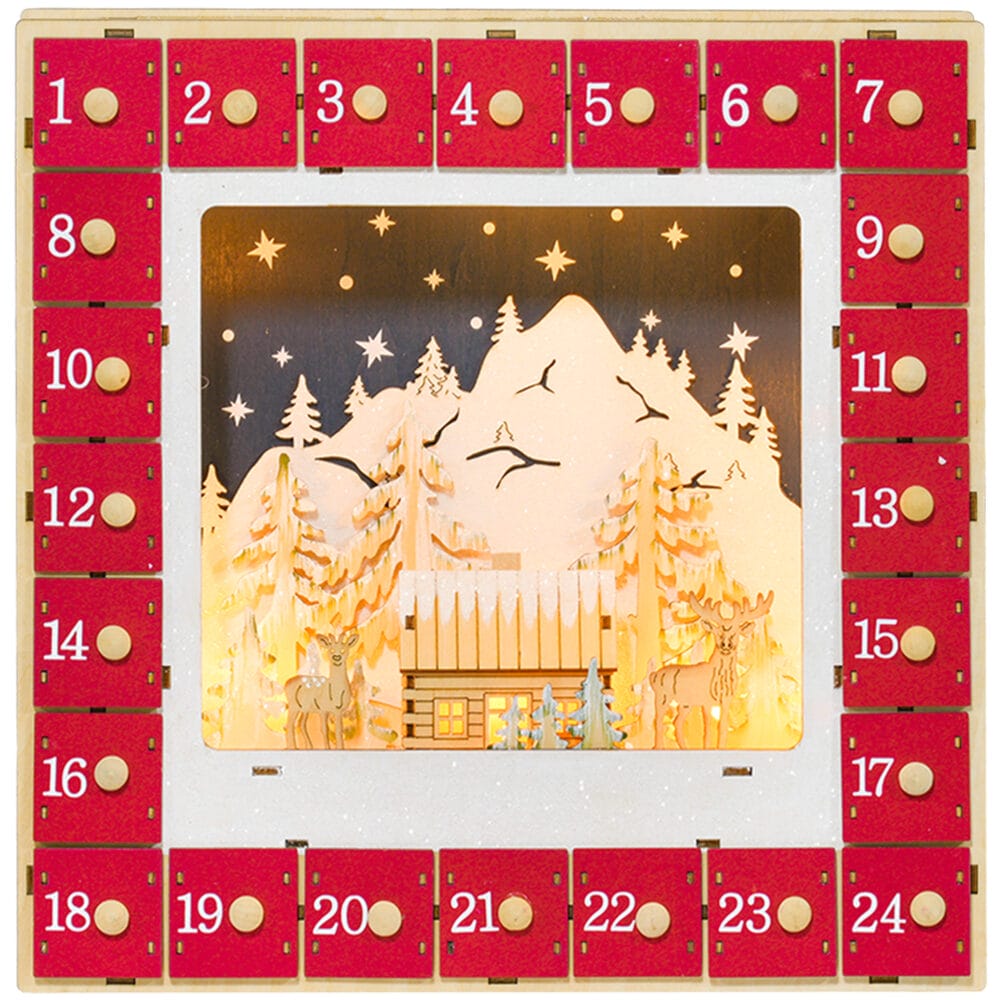 Adventskalender Weihnachtsdeko mit 24 Schubladen LED Rot