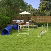 Blaues 7-teiliges Agility-Set, höhenverstellbar, bietet umfangreiche Trainingsmöglichkeiten für das Hundetraining.