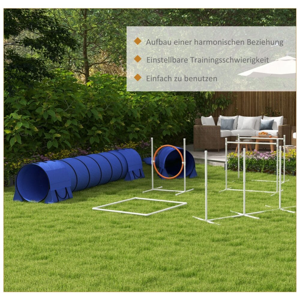 Blaues 7-teiliges Agility-Set, höhenverstellbar, bietet umfangreiche Trainingsmöglichkeiten für das Hundetraining.