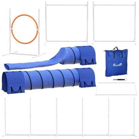 Blaues 7-teiliges Agility-Set, höhenverstellbar, bietet umfangreiche Trainingsmöglichkeiten für das Hundetraining.