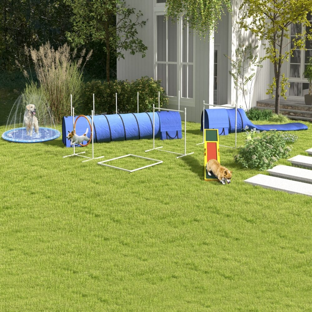 Blaues 7-teiliges Agility-Set, höhenverstellbar, bietet umfangreiche Trainingsmöglichkeiten für das Hundetraining.