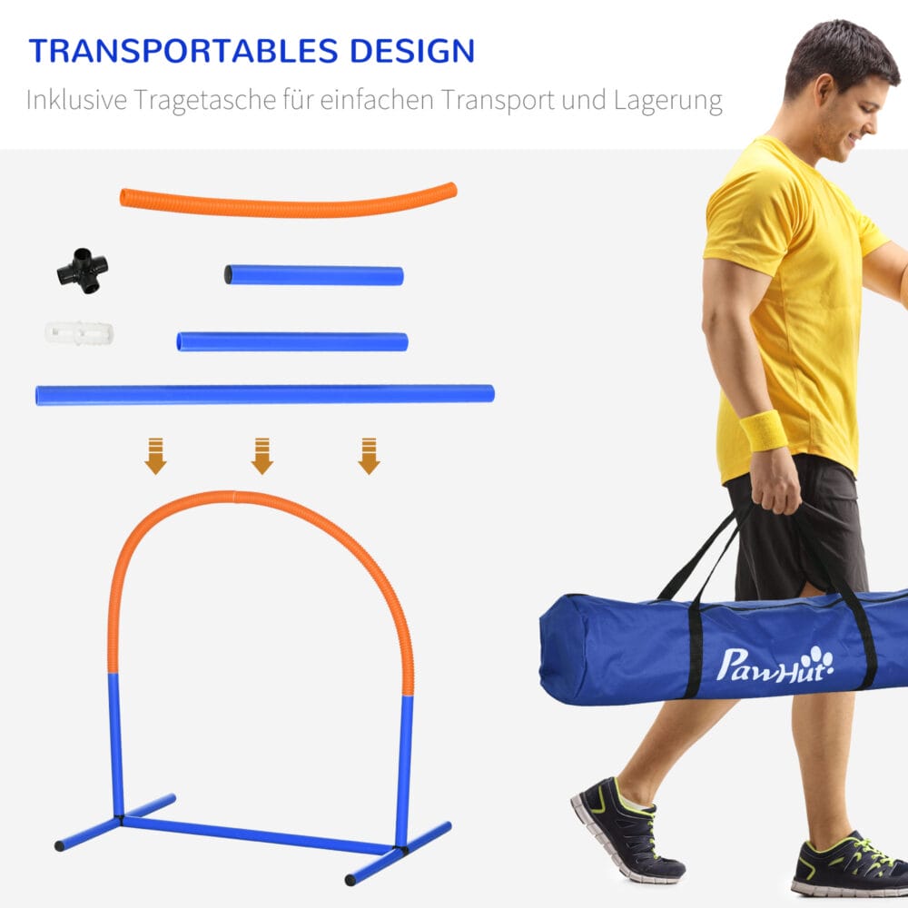 Blau-oranges 4-teiliges Agility Trainingsset mit Tragetasche, ideal für abwechslungsreiches Hundetraining und den Transport.
