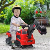 Rot-schwarzer 3-in-1 Aufsitzbagger als Kinderfahrzeug mit Kippschutz, belastbar bis 25kg. Ein vielseitiges Spielzeug für kleine Bauarbeiter.