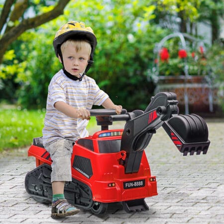 Rot-schwarzer 3-in-1 Aufsitzbagger als Kinderfahrzeug mit Kippschutz, belastbar bis 25kg. Ein vielseitiges Spielzeug für kleine Bauarbeiter.