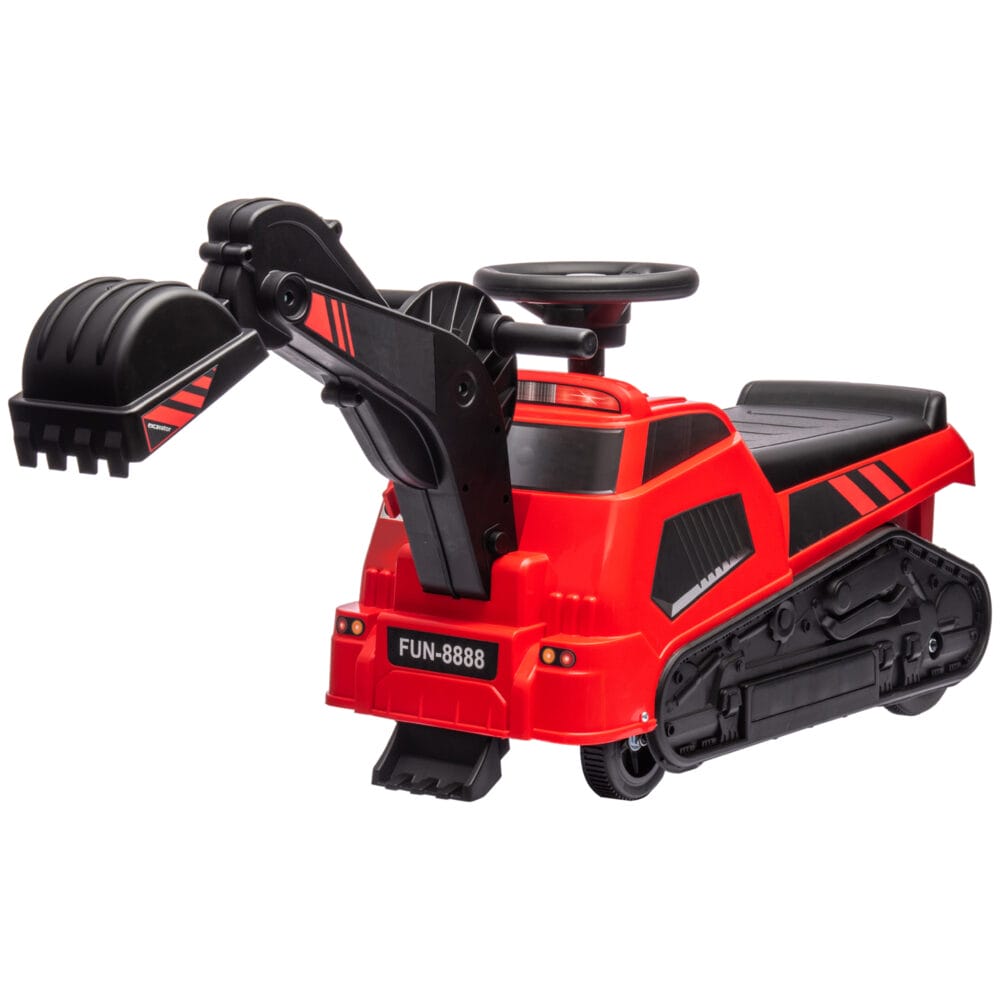 Rot-schwarzer 3-in-1 Aufsitzbagger als Kinderfahrzeug mit Kippschutz, belastbar bis 25kg. Ein vielseitiges Spielzeug für kleine Bauarbeiter.