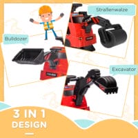 Rot-schwarzer 3-in-1 Aufsitzbagger als Kinderfahrzeug mit Kippschutz, belastbar bis 25kg. Ein vielseitiges Spielzeug für kleine Bauarbeiter.