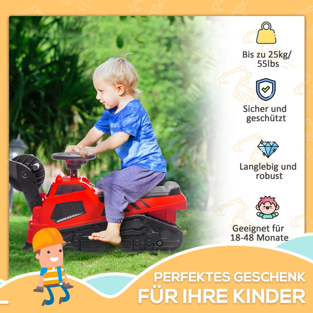 Rot-schwarzer 3-in-1 Aufsitzbagger als Kinderfahrzeug mit Kippschutz, belastbar bis 25kg. Ein vielseitiges Spielzeug für kleine Bauarbeiter.
