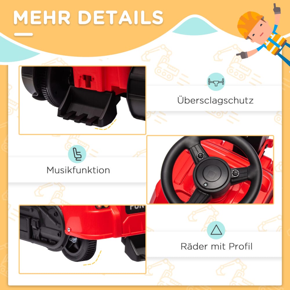 Rot-schwarzer 3-in-1 Aufsitzbagger als Kinderfahrzeug mit Kippschutz, belastbar bis 25kg. Ein vielseitiges Spielzeug für kleine Bauarbeiter.