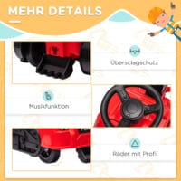 Rot-schwarzer 3-in-1 Aufsitzbagger als Kinderfahrzeug mit Kippschutz, belastbar bis 25kg. Ein vielseitiges Spielzeug für kleine Bauarbeiter.