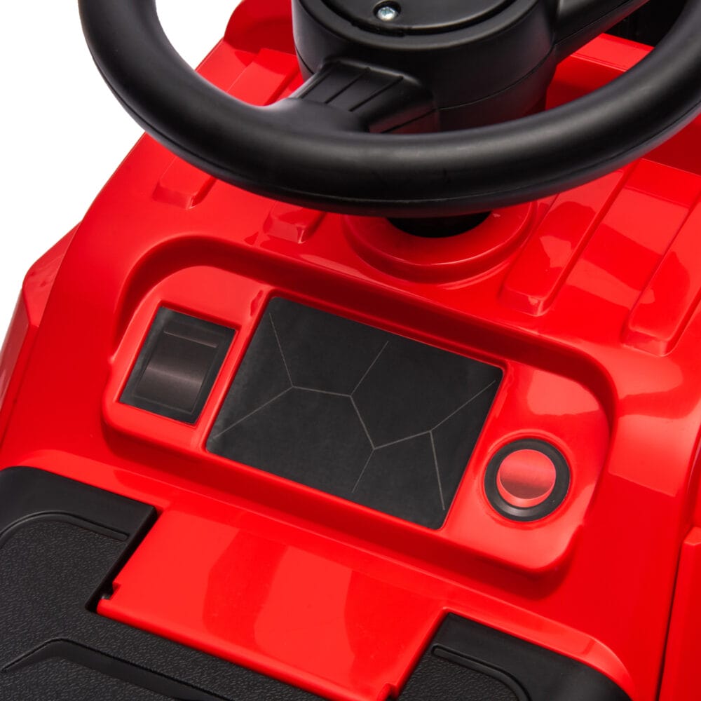 Rot-schwarzer 3-in-1 Aufsitzbagger als Kinderfahrzeug mit Kippschutz, belastbar bis 25kg. Ein vielseitiges Spielzeug für kleine Bauarbeiter.